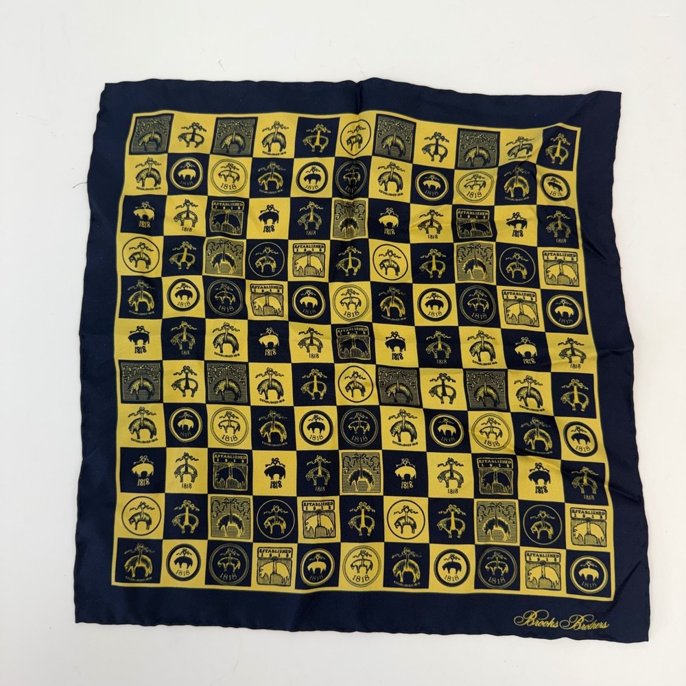 Brooks Brothers Navy Blue Gold Golden Logo Checkerboard Pocket Square 12" Silk